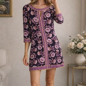 Wisp Floral Shift Dress Boho Preppy Border Print Mini 3/4 Sleeve Size 2